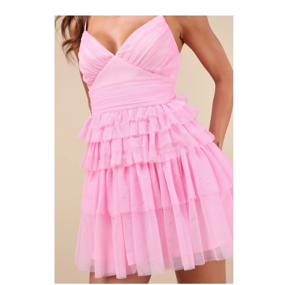 Lulus Dresses & Skirts - Lulus Pink Tulle Mini Dress Ruched V-Neck Tiered Ruffle Party Dress Womens Med